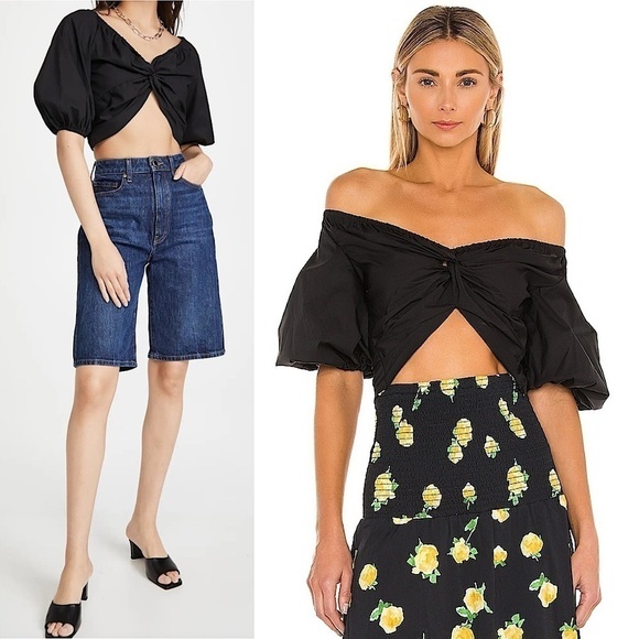 CAROLINE CONSTAS REVOLVE Off Shoulder Twist Front Short Puff Sleeve Crop Top XS - Picture 1 of 10